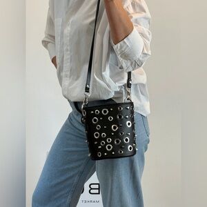 (B7) ZARA 2 way Bucket Bag Shoulder Black Studded Dove Hole Cool Chain